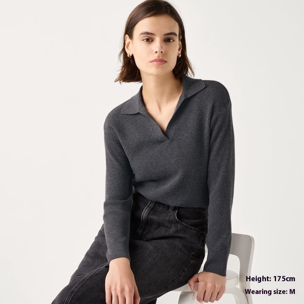 Women's Machine Washable Rib Half-open Collar Sweater CJ
