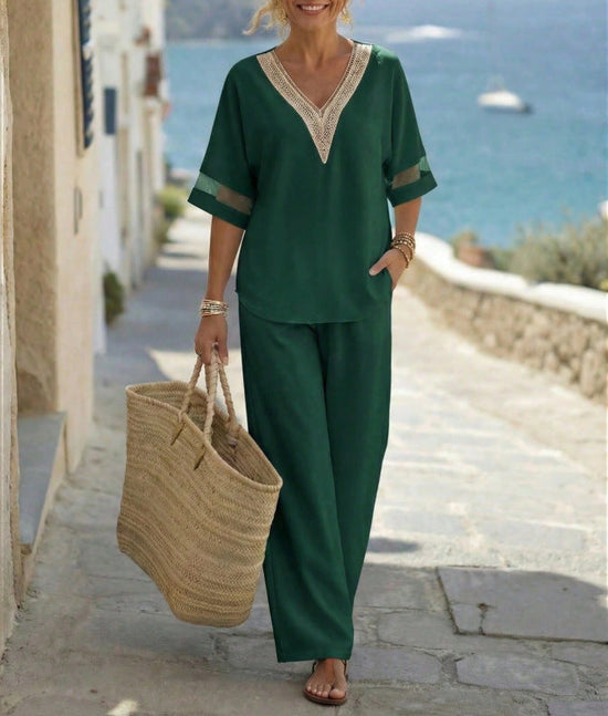 Fashionable V-neck Embroidered Top With Casual Wide-leg Pants Elegant Womens Set 