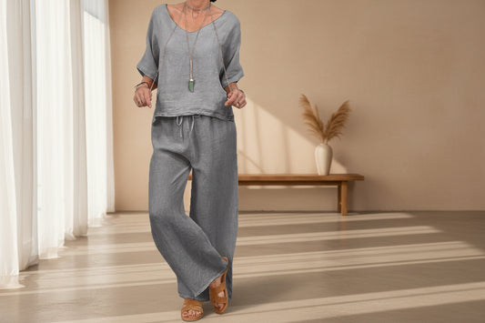 Womens Multi-Color Two-Piece Set Casual V-Neck Pullover With Three-Quarter Sleeves And Extended Pants 