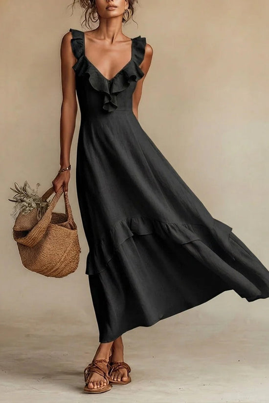 Elegant And Chic Cotton-Linen Dress With Ruffled Flutter Sleeves And A Flowing Hem 