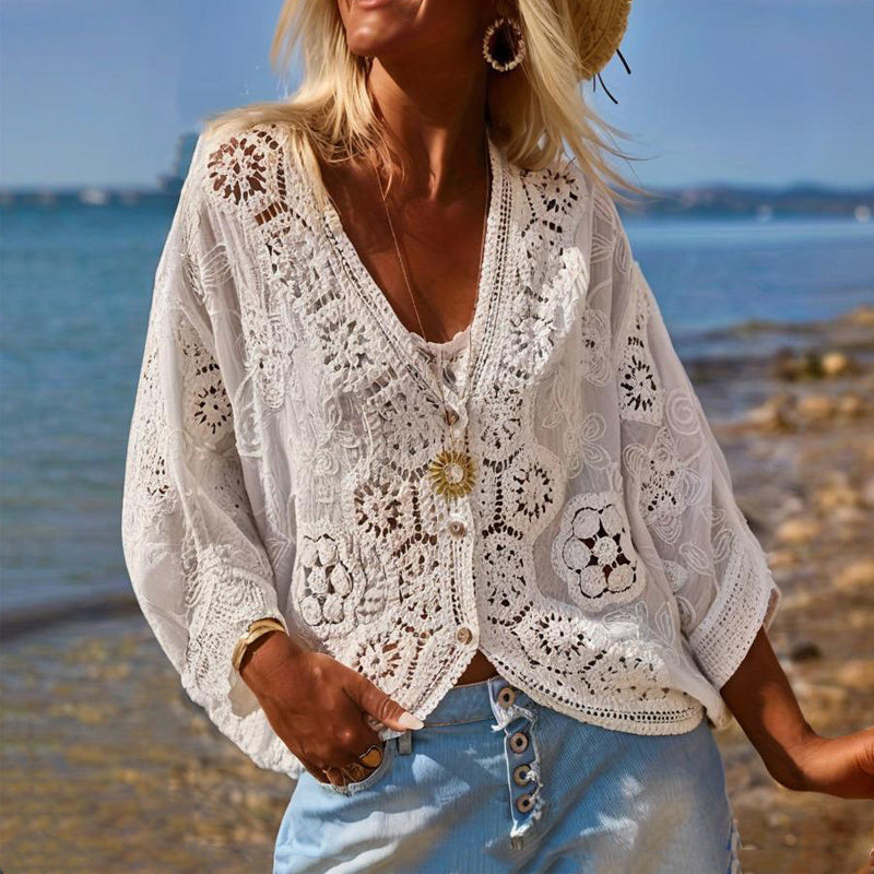 Women's V-Neck Button-Up Lace Cardigan Semi-Sheer Geometric Pattern Mid-Long Sleeve Lightweight Beach Spring&Summer Fashion CJ US