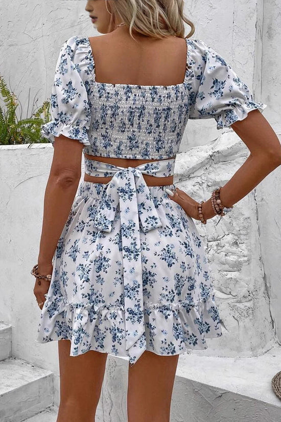 French-style Floral Print Dress Vacation-style Set Short Skirt 
