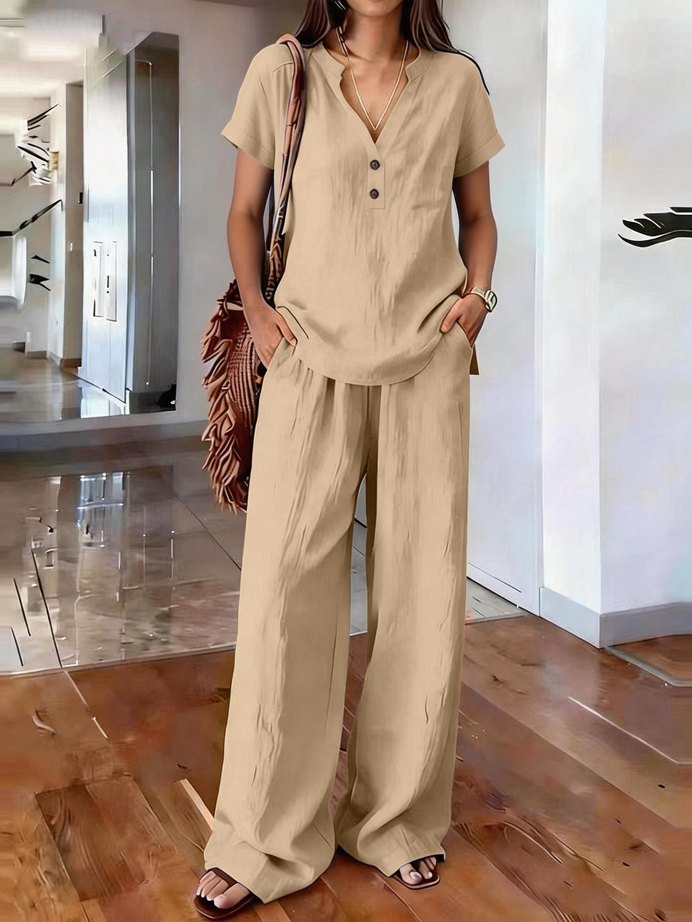 Women's Casual Solid-Colored Cotton And Linen Set 