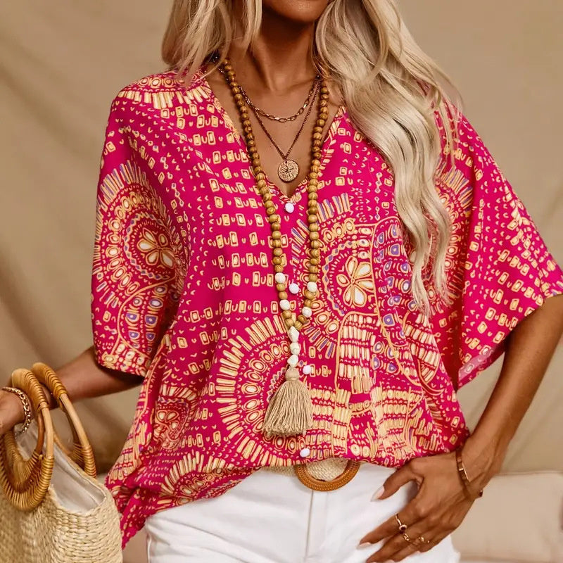 Women's V-Neck Mandala Print Blouse Short Batwing Sleeve Casual Vacation Top CJ US