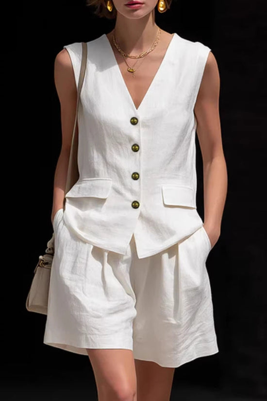 Womens Simple Elegant Cotton-Linen Vest Top And Shorts Two-Piece Set 