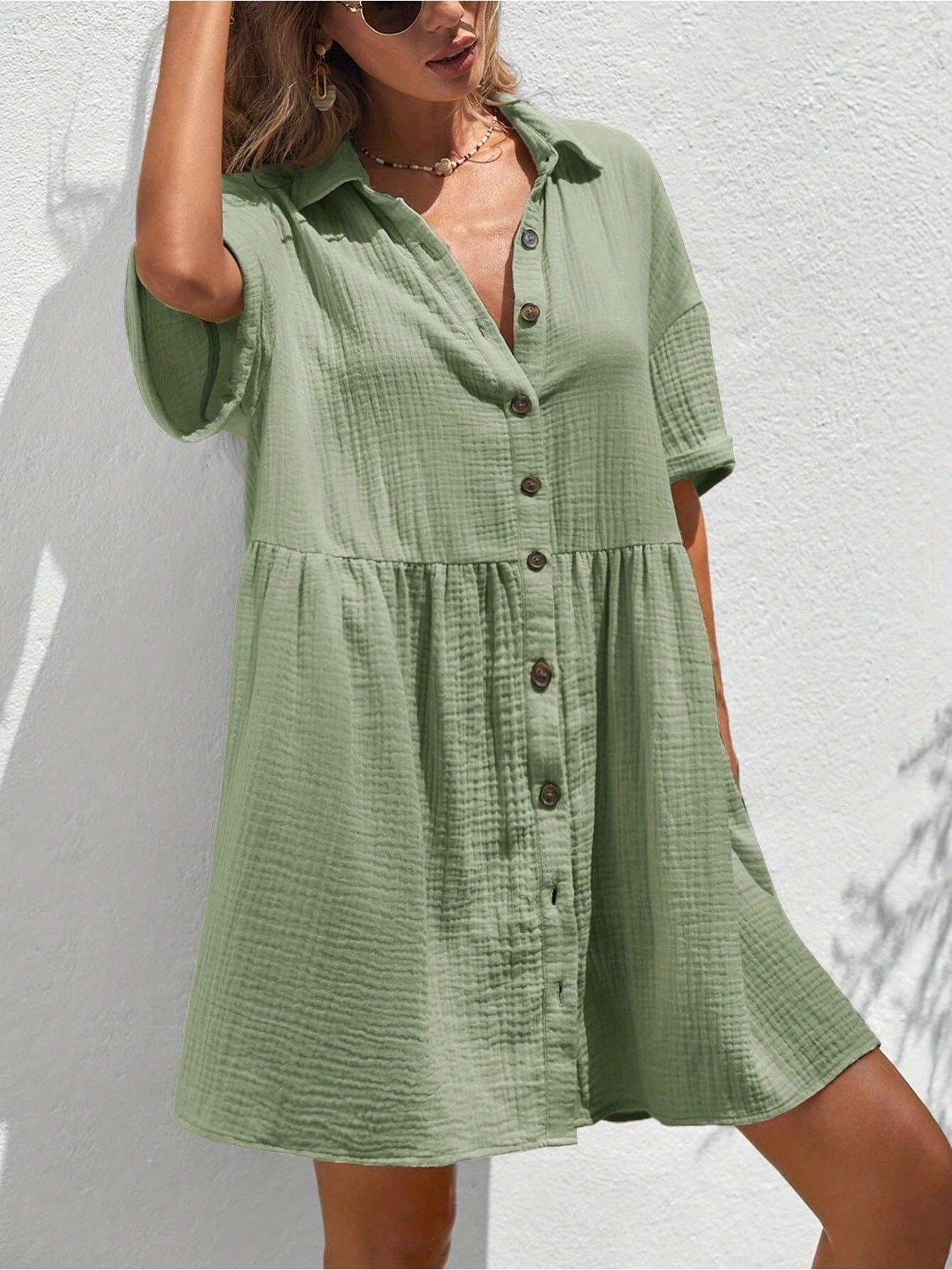 Women's Holiday Loose Solid Color Casual Summer Shirt Dress With Ruffles CJ US