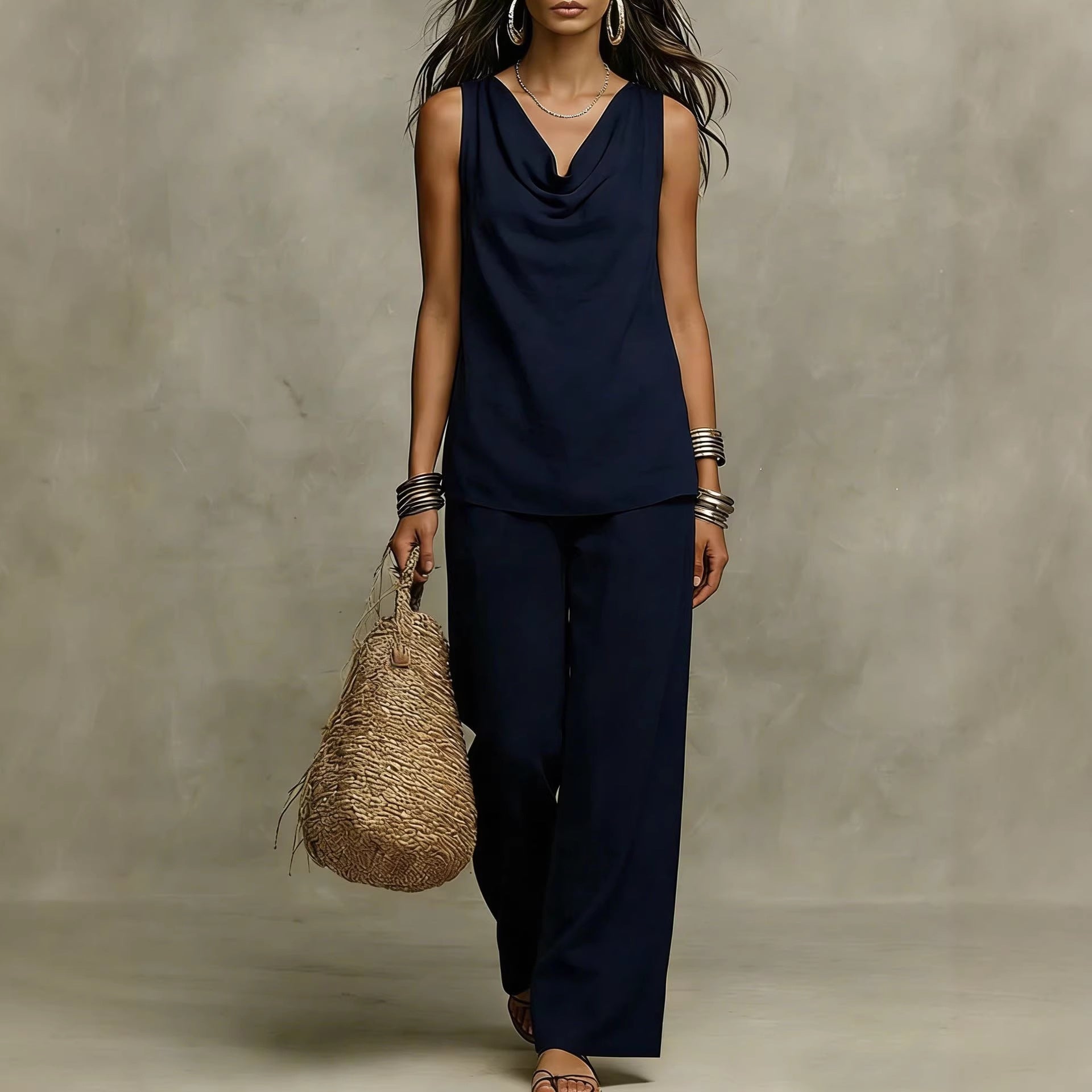 Womens Slash-Neck Sleeveless Tank Top And Casual Pants Set 