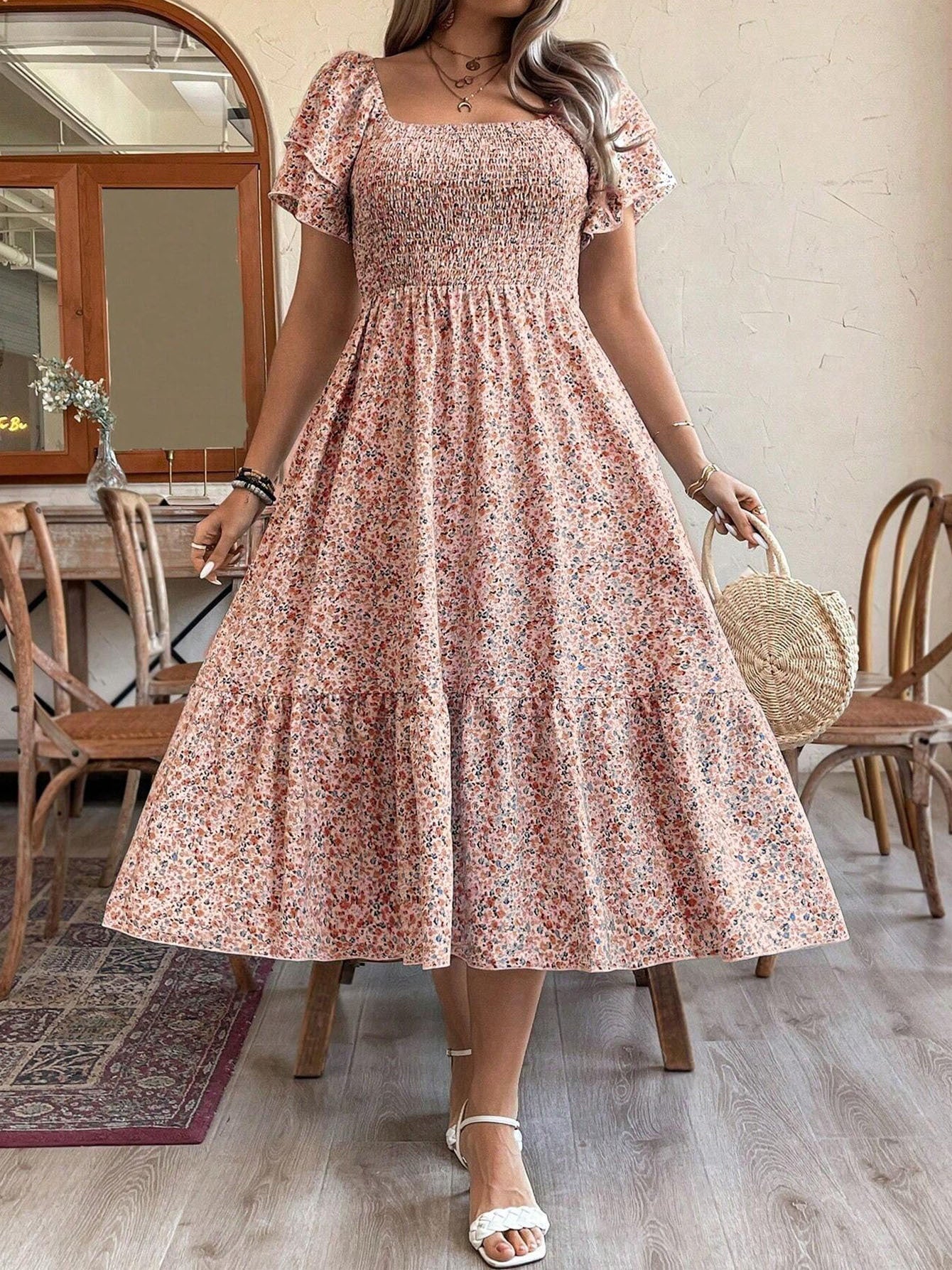 Women's Plus Size Backless Midi Dress For Summer Party - Elegant Pleated Printed Dress CJ US