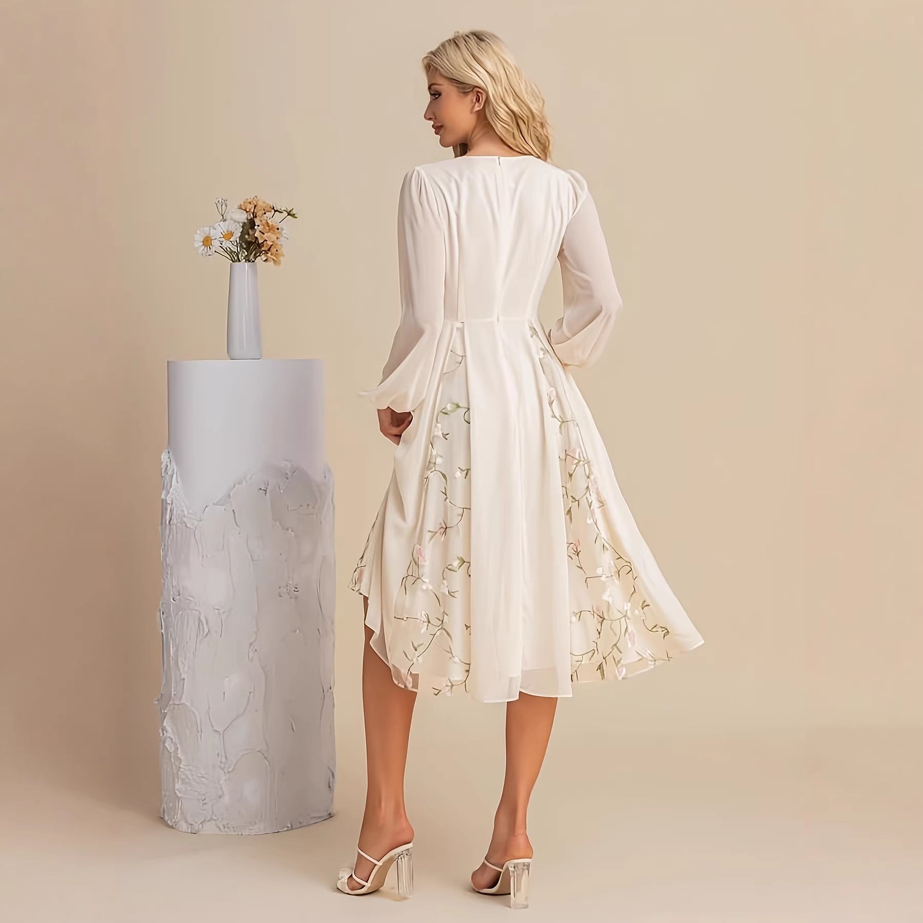 Floral Long-Sleeve V-Neck Pleated Dress For Women 