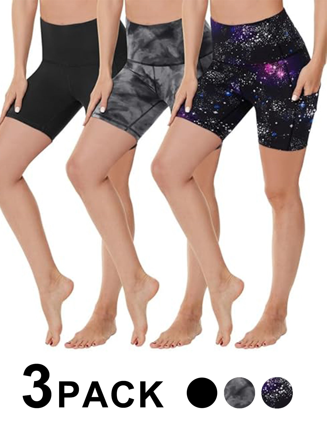 Yoga Pants - 3 Pairs Of Three-point High Waist Black, Black Tie-dye, Blue And Purple Starry Sky CJ US