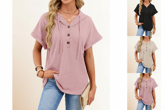 Womens Waffle-Weave Hooded Drawstring Short-Sleeve Top With Buttons 