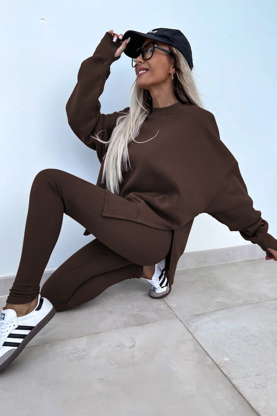 Sweater Suit Women's Casual Loose Long Sleeve Crew Neck Split Top Tight Trousers 