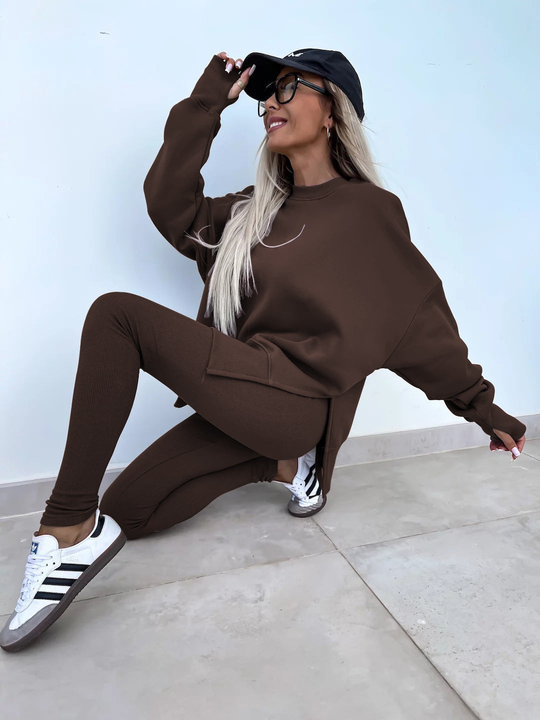 Sweater Suit Women's Casual Loose Long Sleeve Crew Neck Split Top Tight Trousers 
