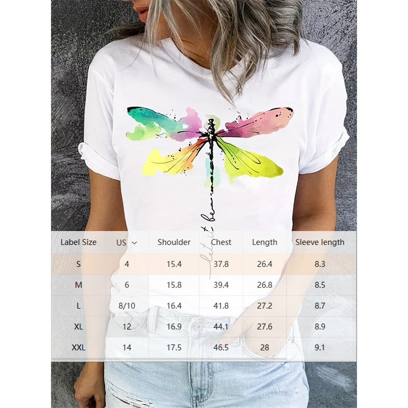 Short Sleeve T-Shirt Dragonfly Pattern Casual Round Neck Tee CJ