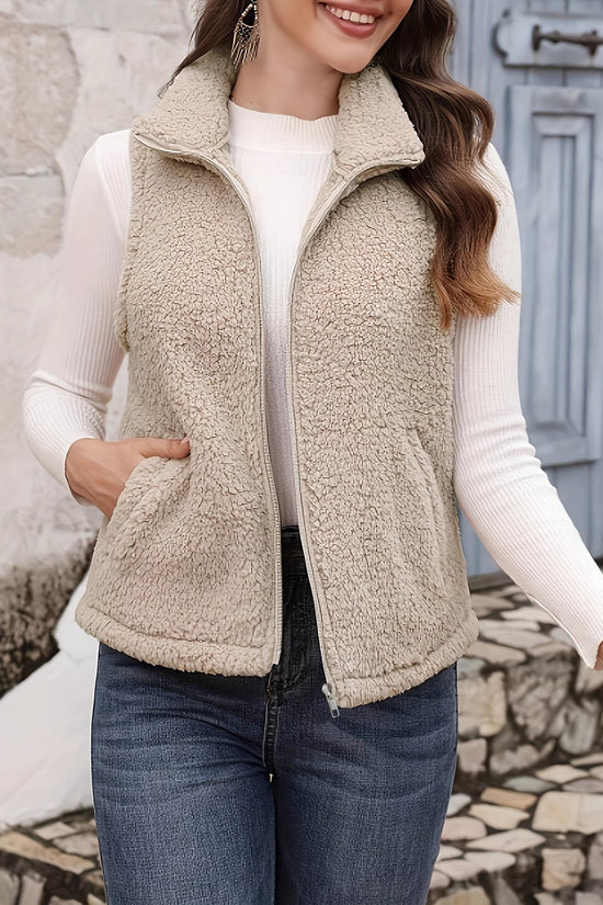 Plush Stand-up Collar Sleeveless Zippered Lightweight Vest With Pockets For Comfort 