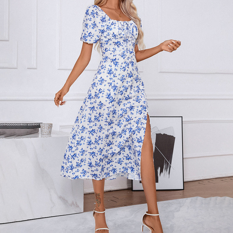 Women's Square Neck Floral Print Dress With Puff Sleeves & Side Slit - Elegant Spring Summer Boho Maxi Dress CJ US
