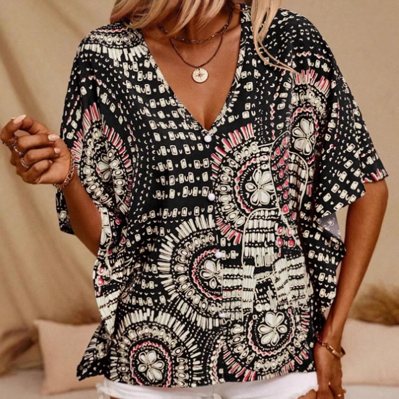 Women's V-Neck Mandala Print Blouse Short Batwing Sleeve Casual Vacation Top CJ US