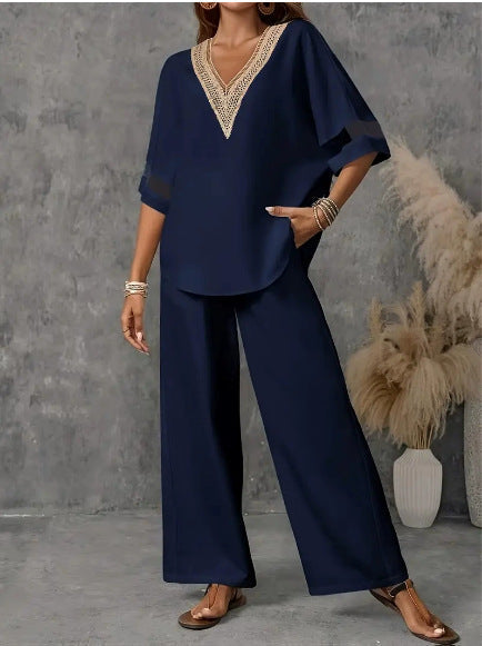 Fashionable V-neck Embroidered Top With Casual Wide-leg Pants Elegant Womens Set 