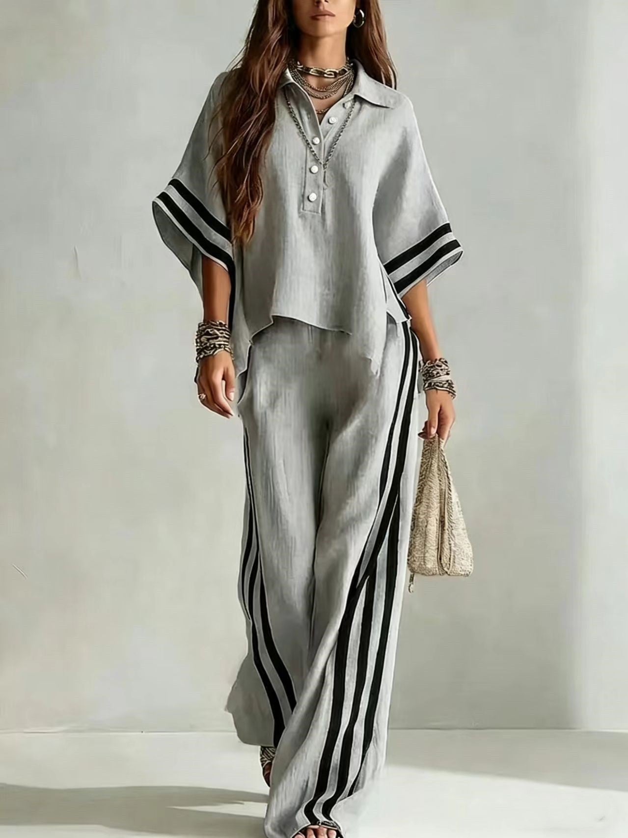 Womens Clothing Short-Sleeve Shirt And Loose Pants Two-Piece Set 