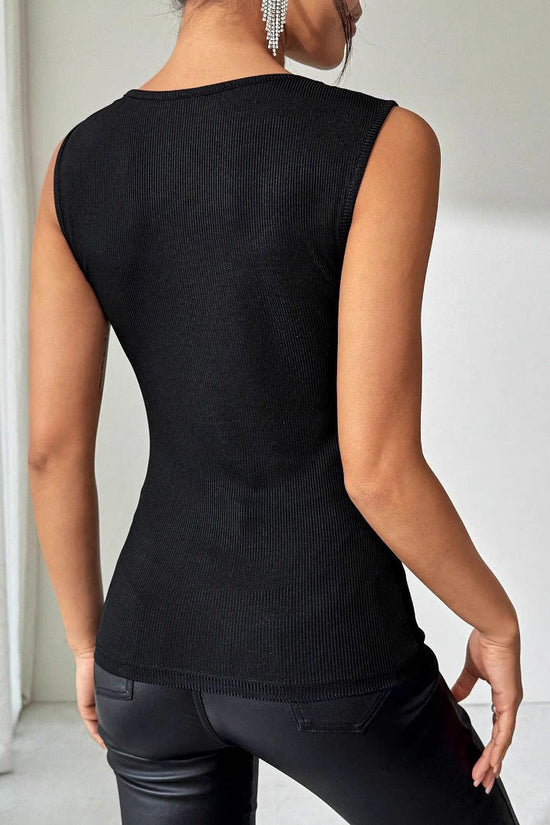 Black Ribbed Rhinestone-decorated Vest T-shirt Top 