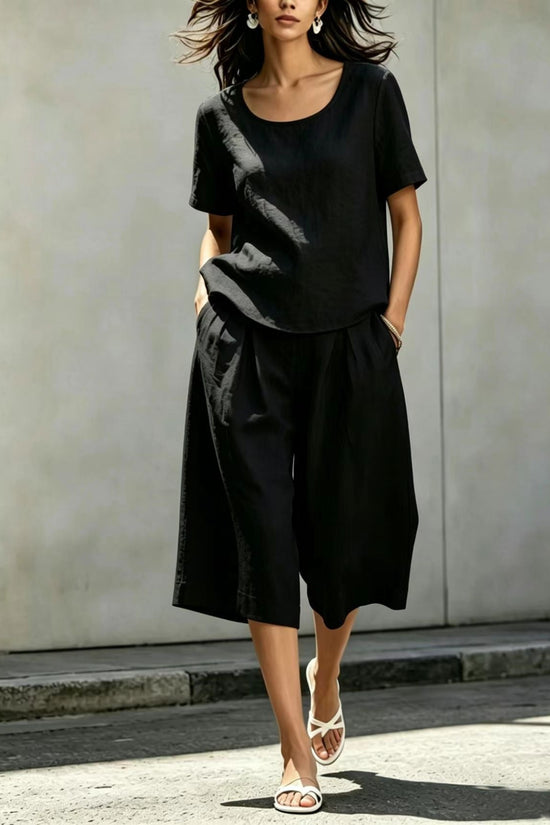 Cotton-linen Casual Loose-fitting Short-sleeve Top And Shorts Set 