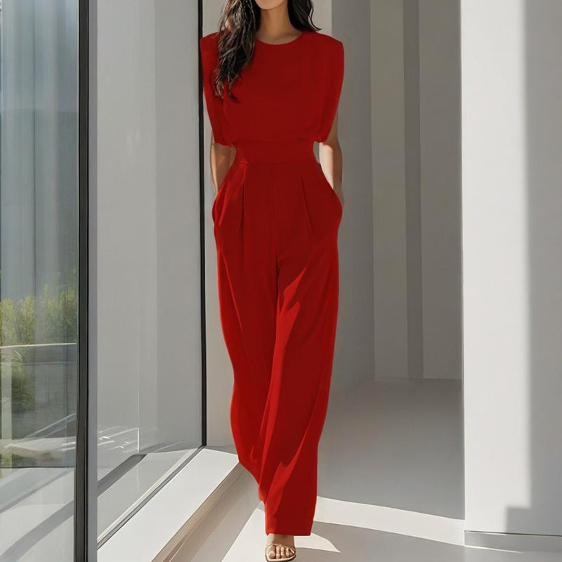 Women's Solid Color Round Neck Short Sleeve Wide-Leg Jumpsuit With Waist Design & Pockets Casual Romper For Spring&Summer CJ US