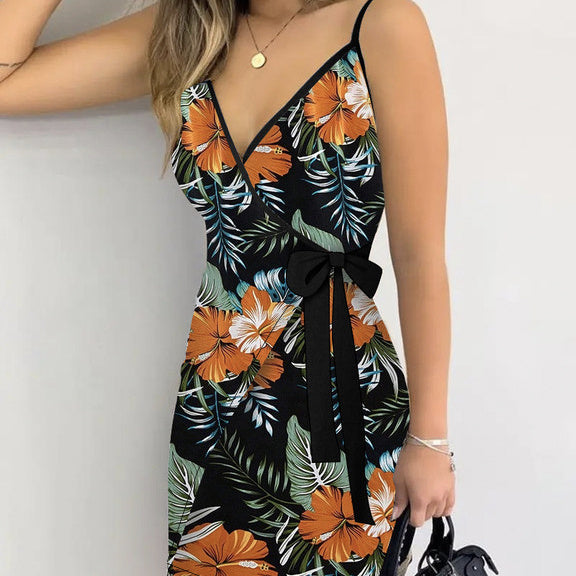 Women's V-neck Lace Up Plant Print Off Shoulder Versatile Dress CJ