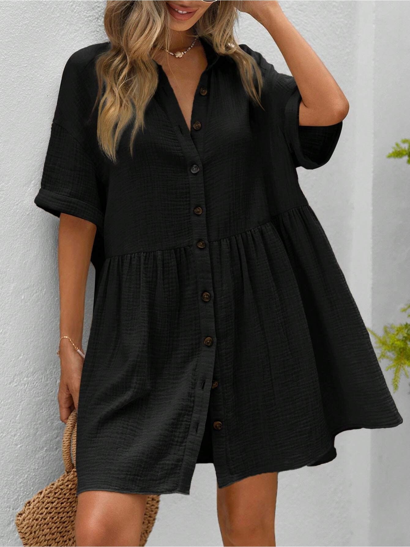 Women's Holiday Loose Solid Color Casual Summer Shirt Dress With Ruffles CJ US