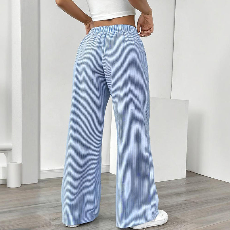 Women's Striped Print Straight Wide Leg Pants Drawstring Waist Slant Pockets Pants Casual Long Pants CJ US