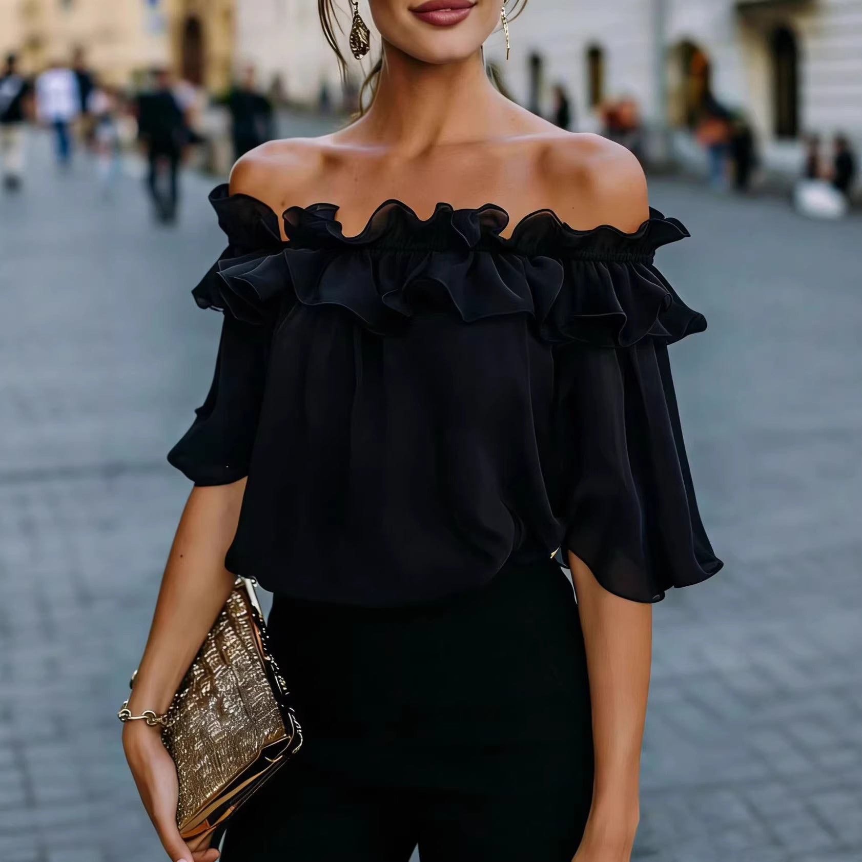 Solid-color Sexy Loose Off-shoulder Shirt 