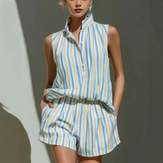 Sleeveless Stand Collar Striped Vest And Casual Shorts Two-Piece Set 