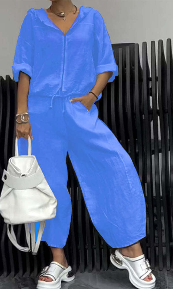 Cotton And Linen Womens Casual Fashion Long-Sleeve Top And Pants Two-Piece Set 