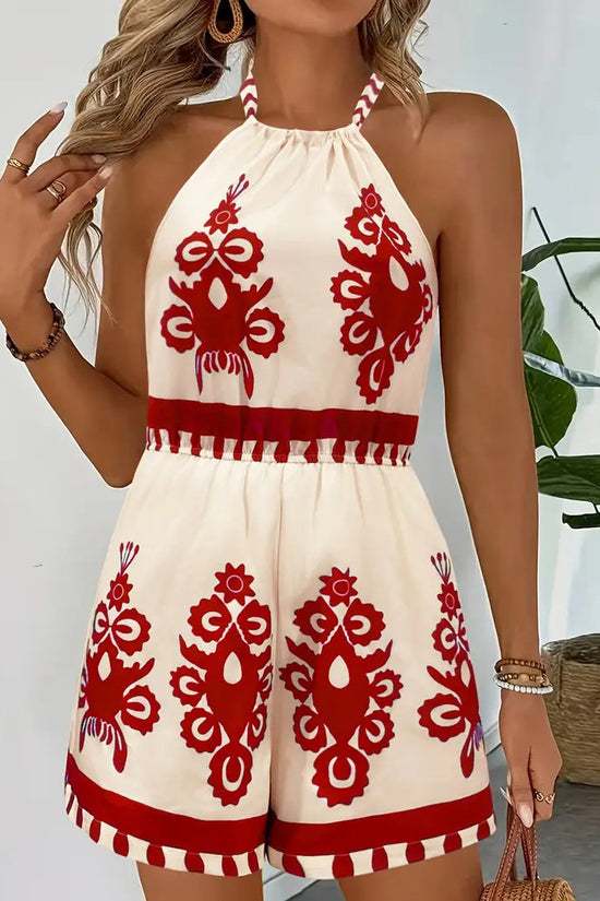Women's Floral Halter Jumpsuit Sleeveless Backless One-Piece Romper 