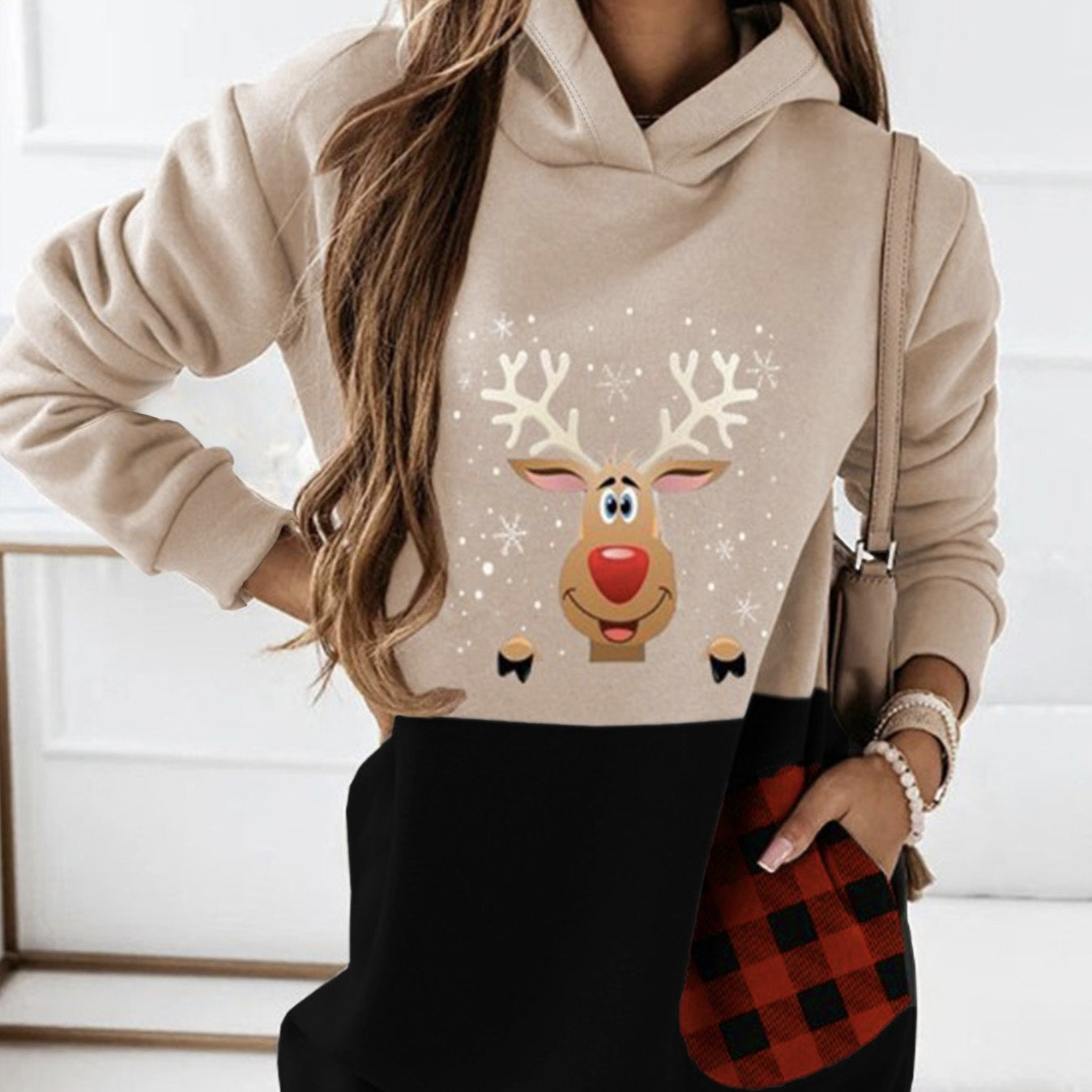 Women’s Deer & Plaid Hooded Sweatshirt Dress CJ US