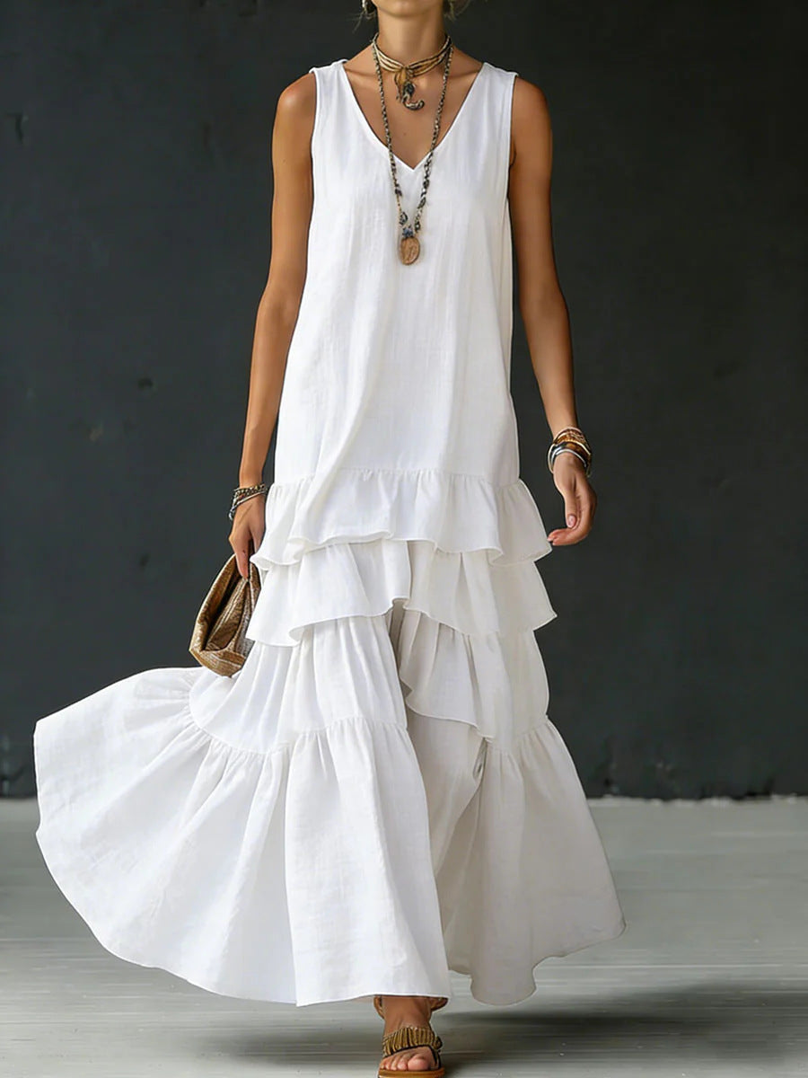Solid-color Womens Loose-fitting Full-skirted Sleeveless Dress 
