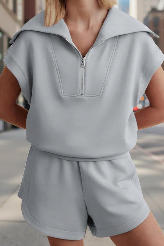 Women's Casual Solid Color Half Zipper And Lapel Top Sweatshirt Shorts Sportswear Suit 