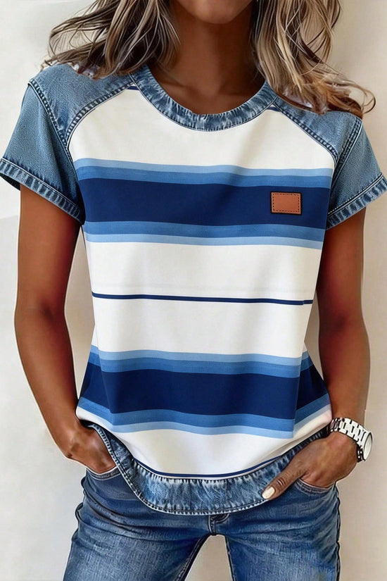 Women's Retro Denim Patchwork Short-Sleeve Shirt – Loose Fit 