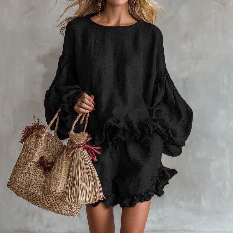 Loose-fitting Lantern-Sleeve Top And Shorts Two-Piece Set For Women 