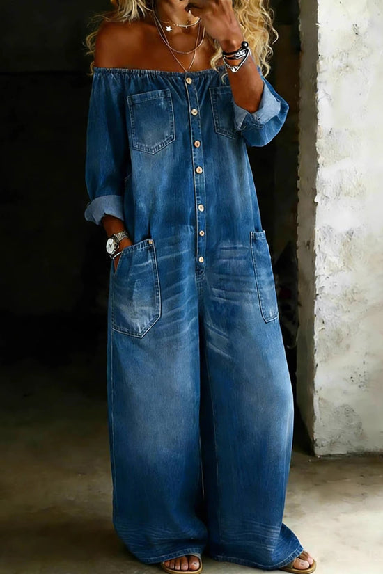 Single-breasted Off-shoulder Washed Faux Denim Jumpsuit 