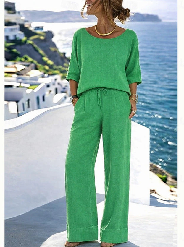 Cotton-Linen Minimalist Elegant Resort Short-Sleeve Pants Set 