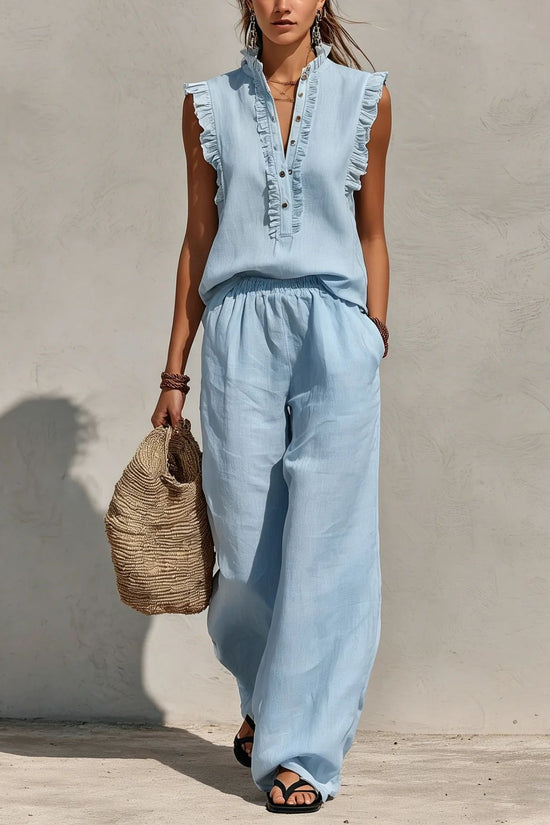 Sleeveless Ruffled V-neck Top And Elastic-waist Wide-leg Pants 