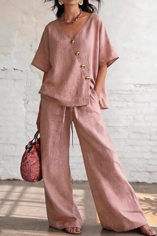 Casual Vacation Loose Cotton-Linen V-Neck Wide-Leg Pants Two-Piece Set 