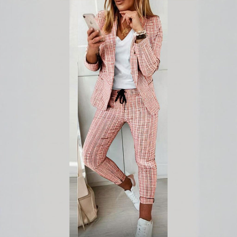 Women's Solid Color Plaid Long Sleeve Suit Two-piece Set With Pockets & Drawstring Waist Office Wear For Spring&Fall CJ US