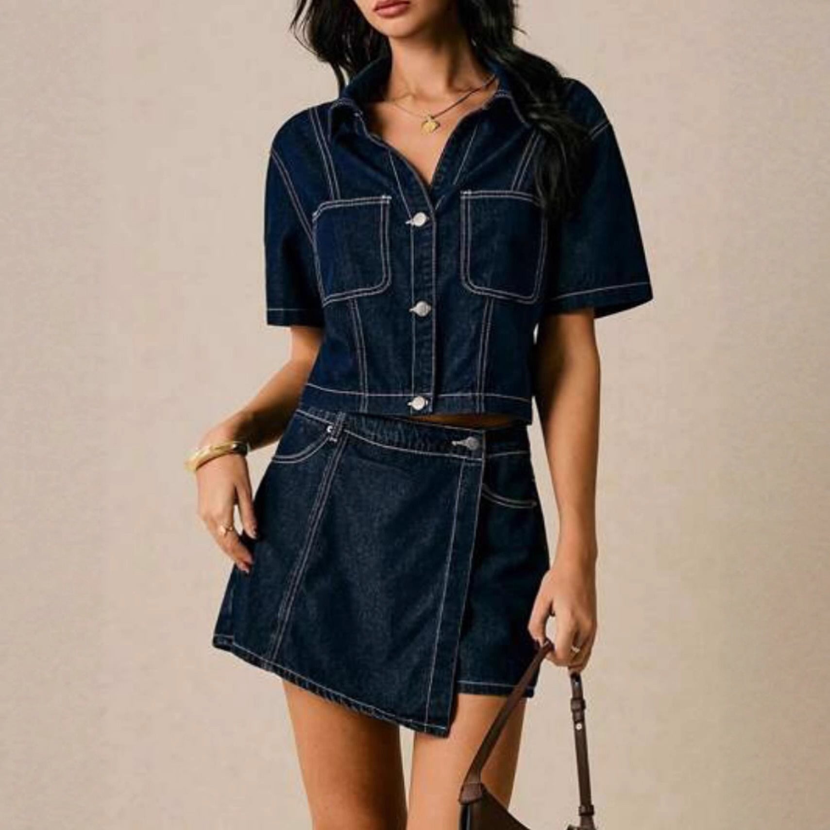 Women's Loose And Comfortable Denim Shirt-Dress And Pants Set 
