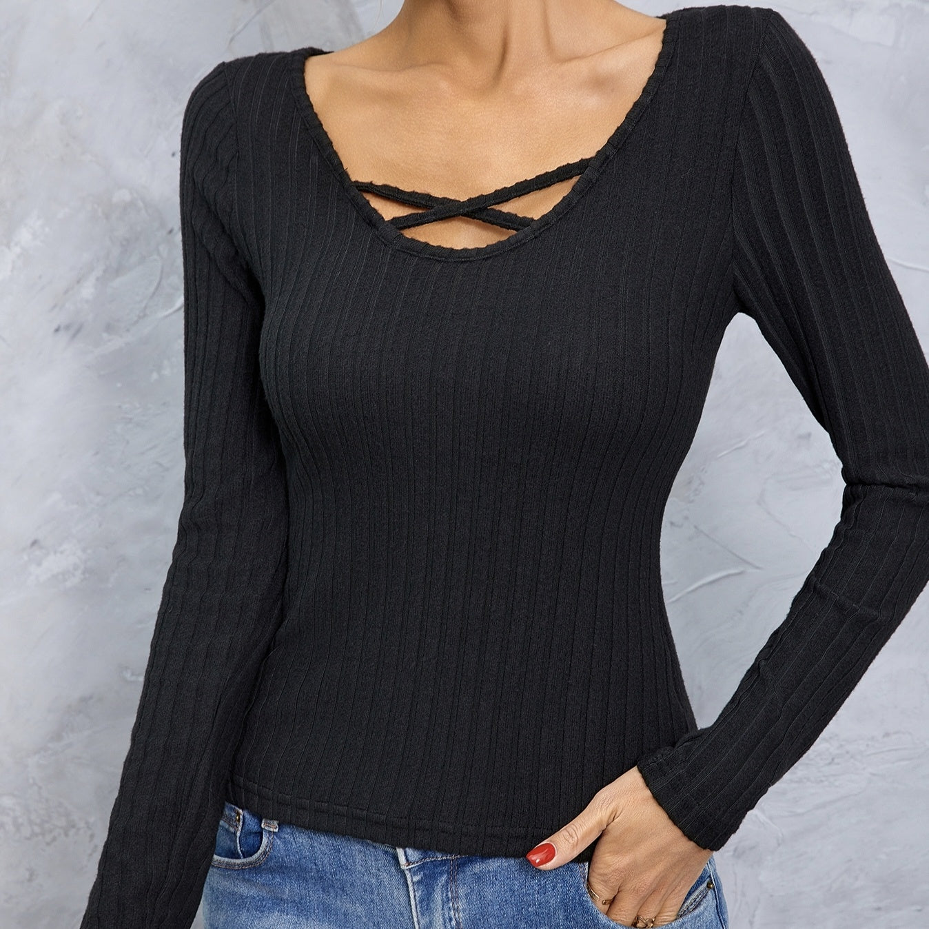 Ladies' Solid Color Collar Cross Design Slim Fit, Simple And Comfortable Elastic Long Sleeved T-shirt CJ US