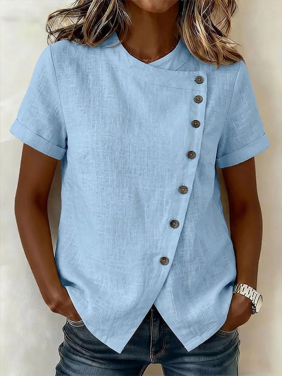 New Solid-Color Cross-Neckline Short-Sleeve Loose Cotton-Linen Asymmetrical Top 