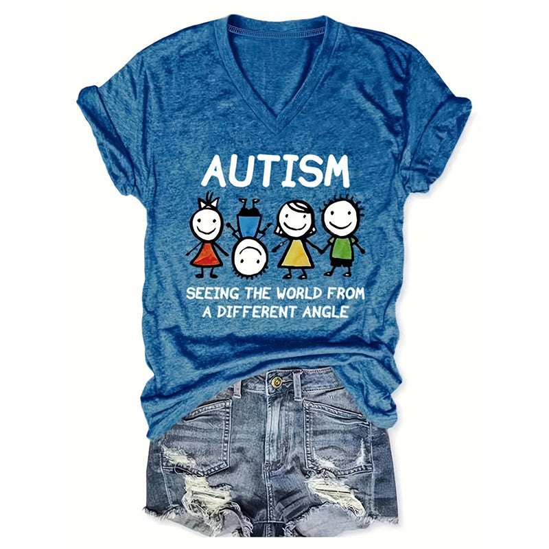 Women's V-Neck 'AUTISM' Letters & Cartoon Children Print Tee Supportive Summer Top CJ US