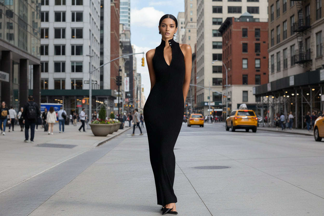 Sleeveless High-necked Waist-cinching Dress For Women 