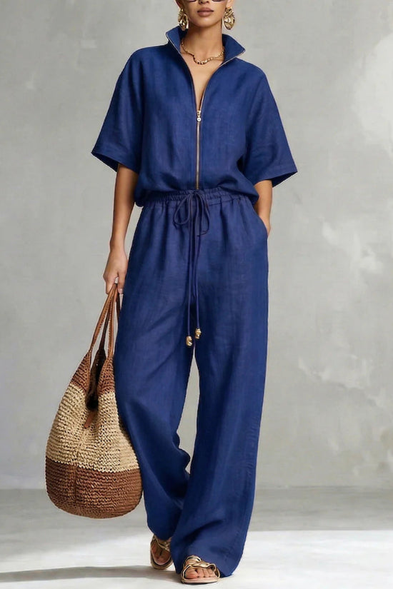 Womens Casual Loose Solid-Color Zip-Up Crew-Neck Wide-Leg Pants Set 