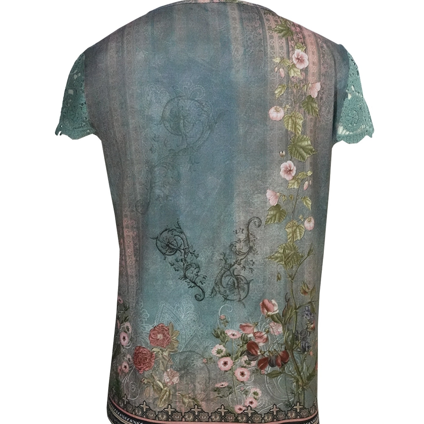 Ladies' Floral Print Fashionable Versatile Lace Patchwork Sleeves Elegant Style Short Sleeved Shirt Top CJ